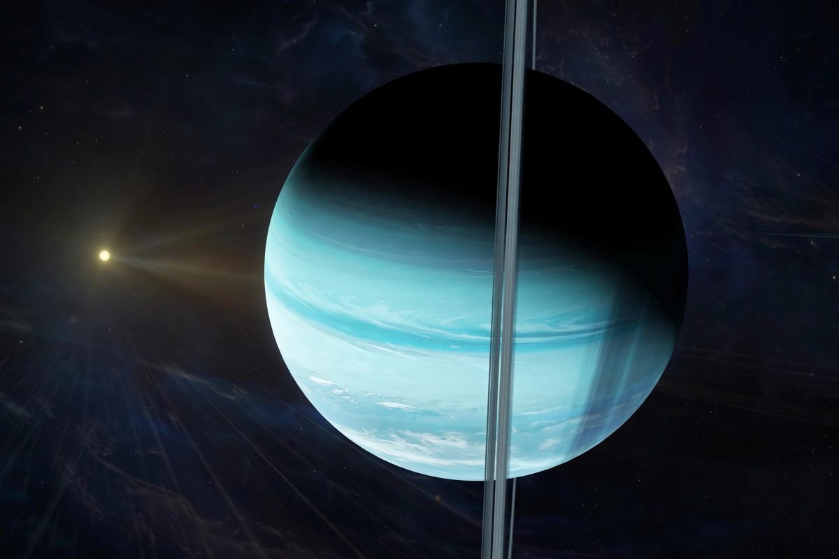 Uranus tilted on its side as it orbits the Sun, with one pole in decades-long darkness.