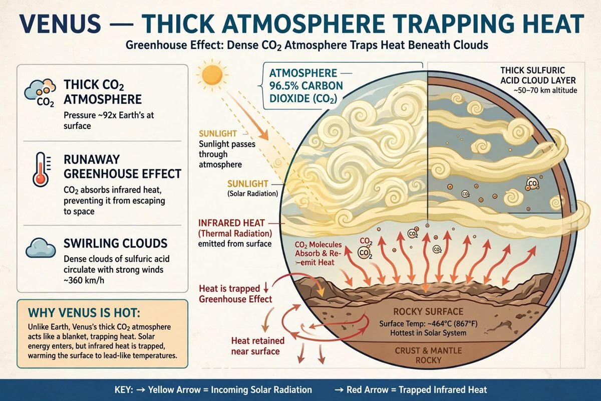 Diagram-style view of Venus's thick carbon dioxide atmosphere trapping heat near the surface.