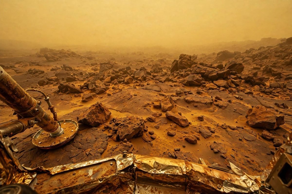 Rocky, orange-tinted Venusian surface under a crushing hot atmosphere, as seen by a lander.