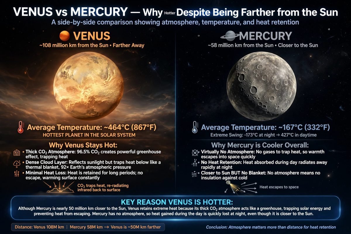 Side-by-side comparison of Venus and Mercury showing why Venus stays hotter despite being farther from the Sun.