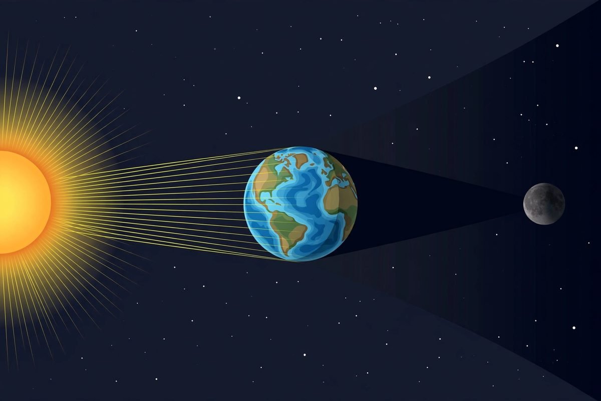 Diagram showing what causes a lunar eclipse: Earth casting its umbra and penumbra shadow onto the Moon.
