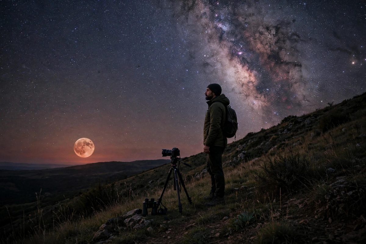 A stargazer with a camera on a tripod watching a reddish moon during a lunar eclipse.