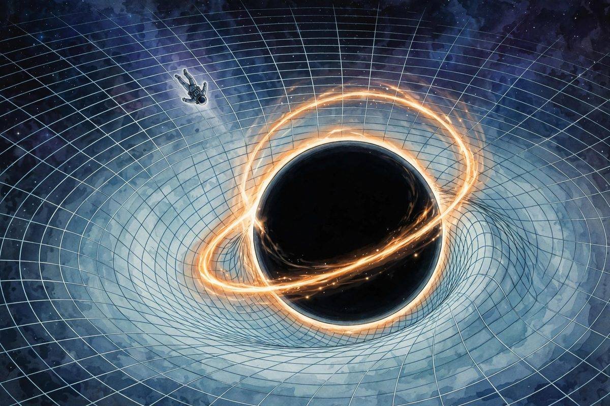 Illustration of an astronaut approaching the glowing event horizon of a black hole with warped spacetime grid lines bending around it