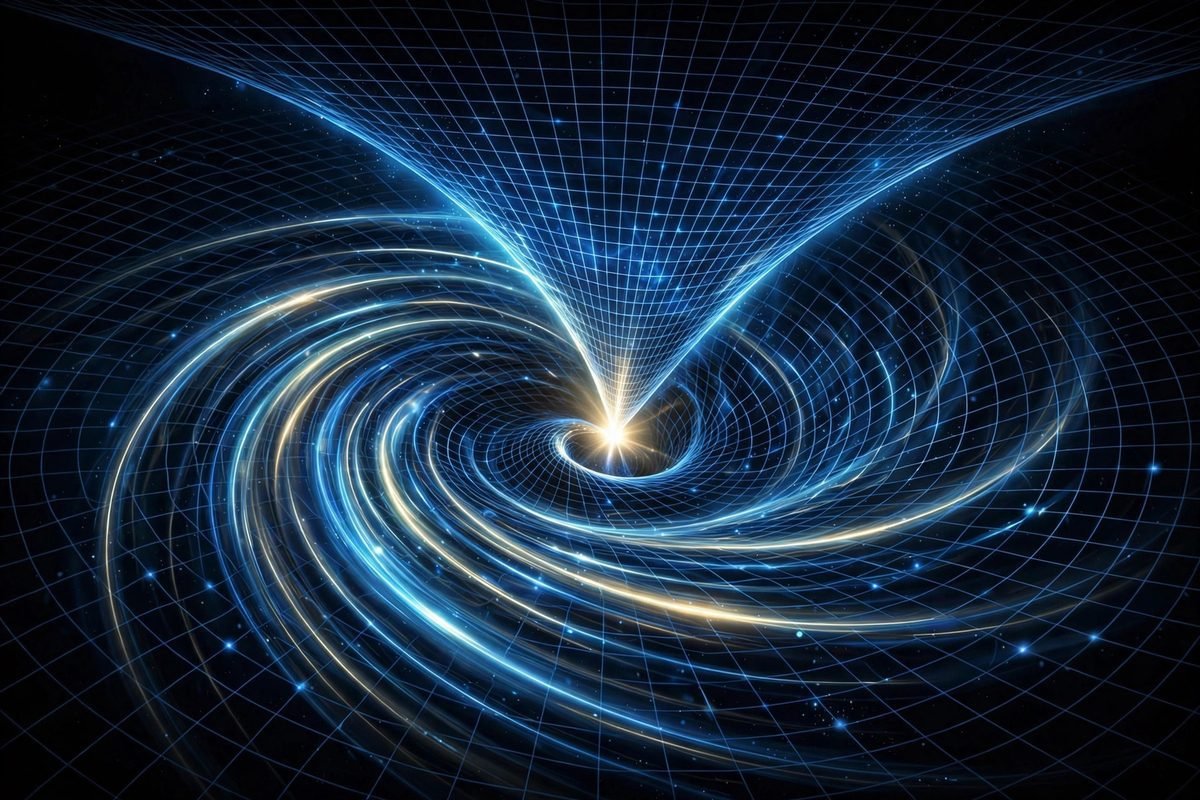 Abstract illustration of a black hole singularity as a bright point at the center of a deeply warped spacetime grid