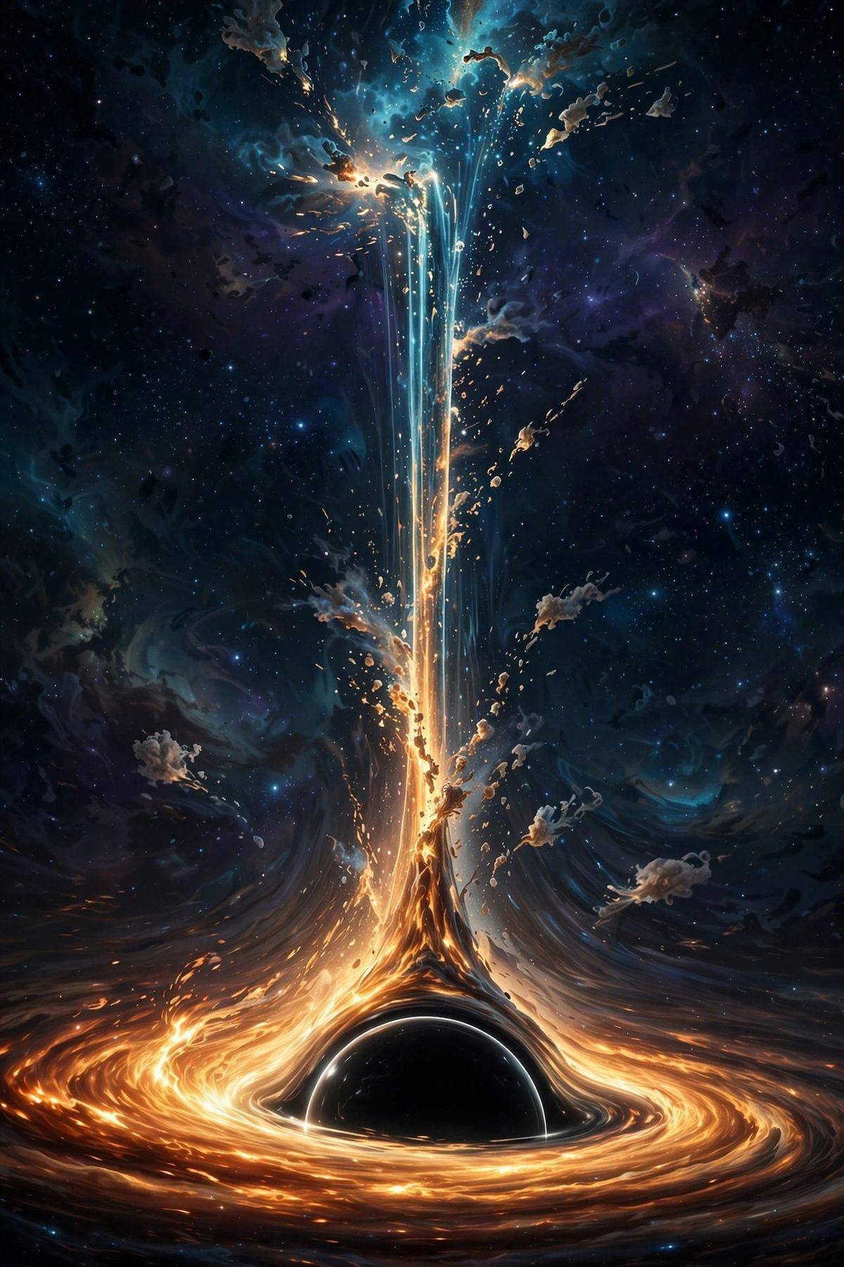 Illustration of glowing matter being stretched into a long strand as it falls into a black hole with an accretion disk