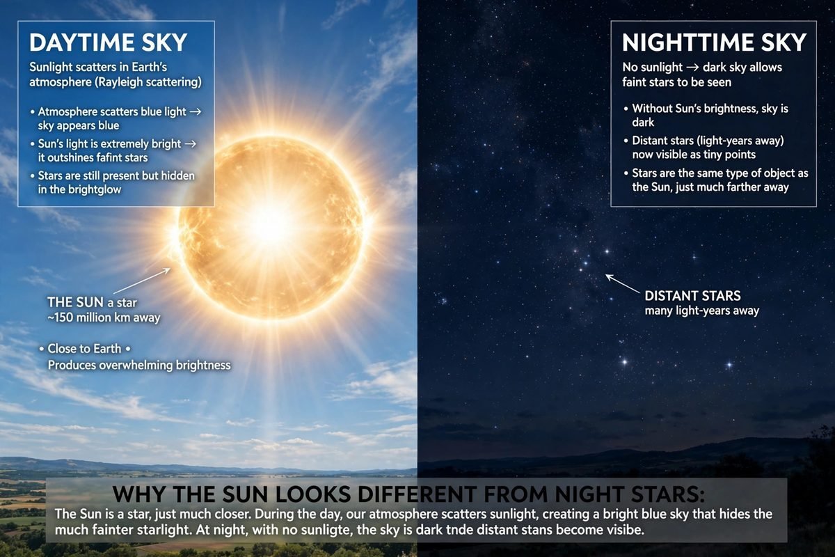 The Sun compared with night stars, showing why our closest star looks so different from distant stars.