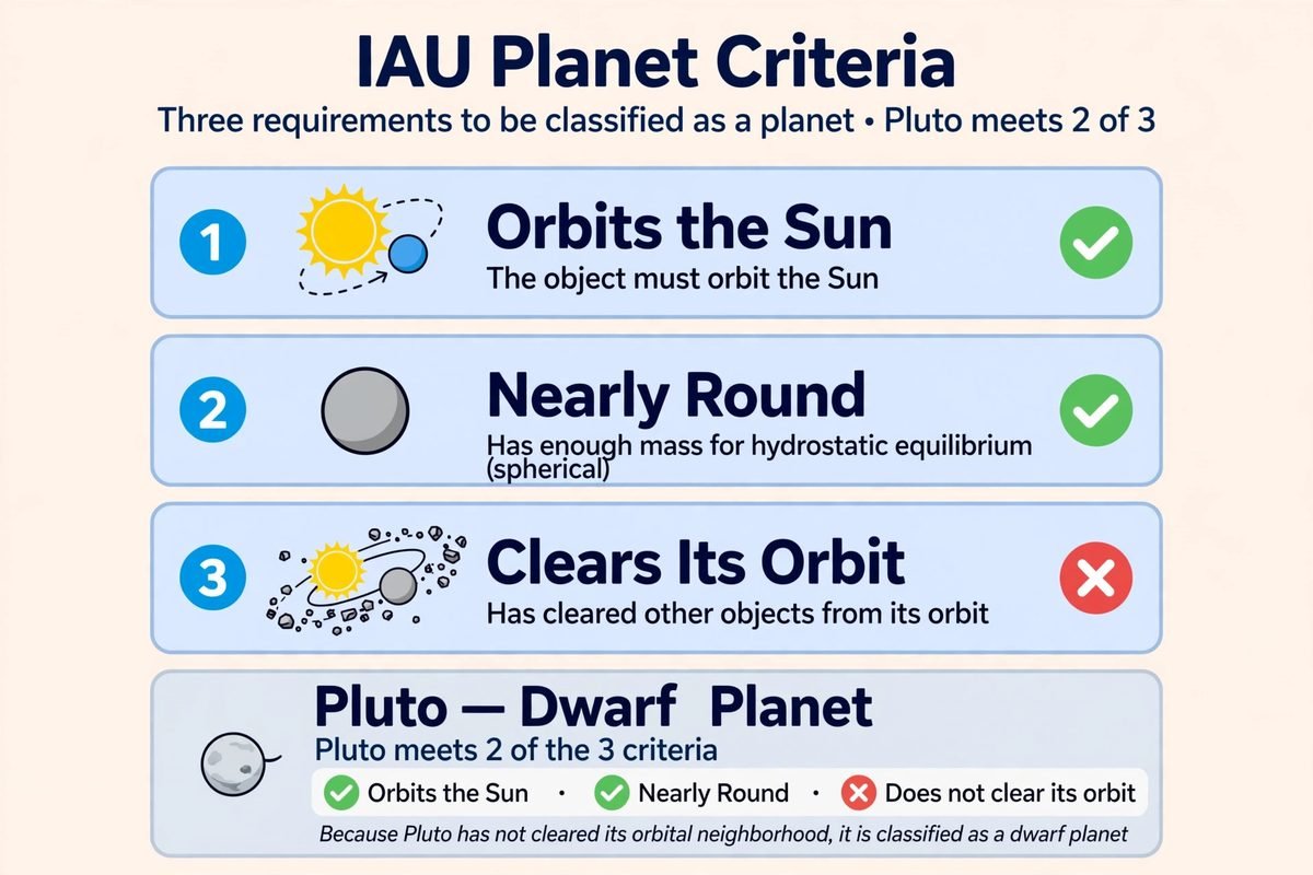 Diagram of the three IAU planet criteria, with Pluto meeting two and failing to clear its neighborhood.