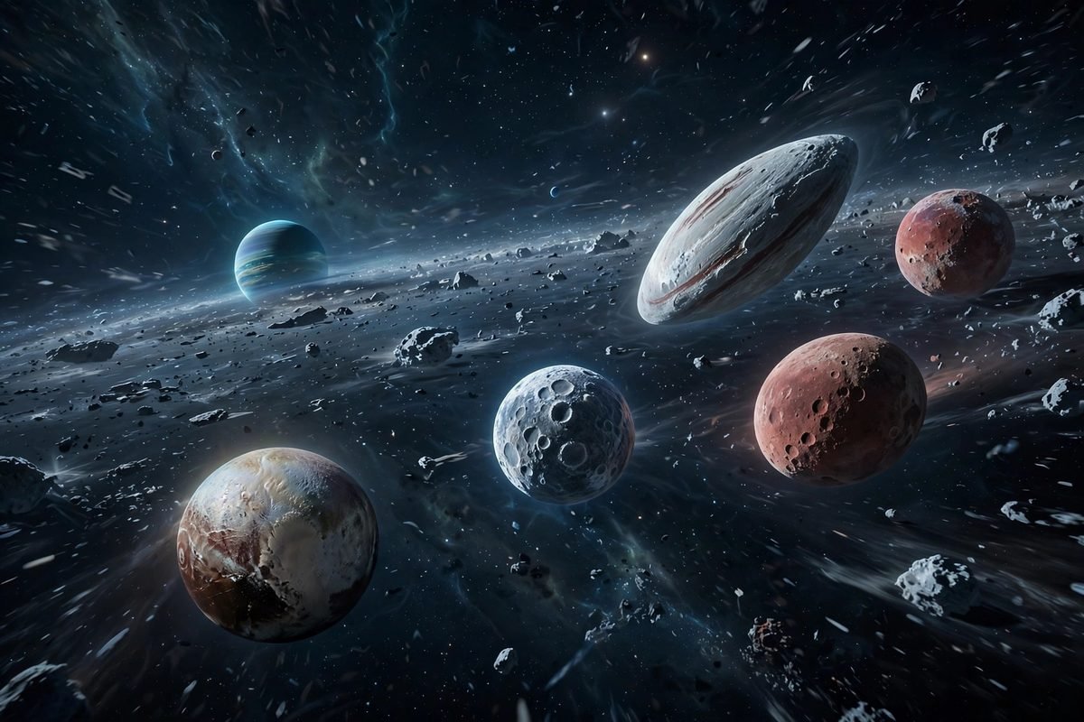 why is pluto not a planet: Pluto among many icy bodies in the distant Kuiper Belt beyond Neptune.