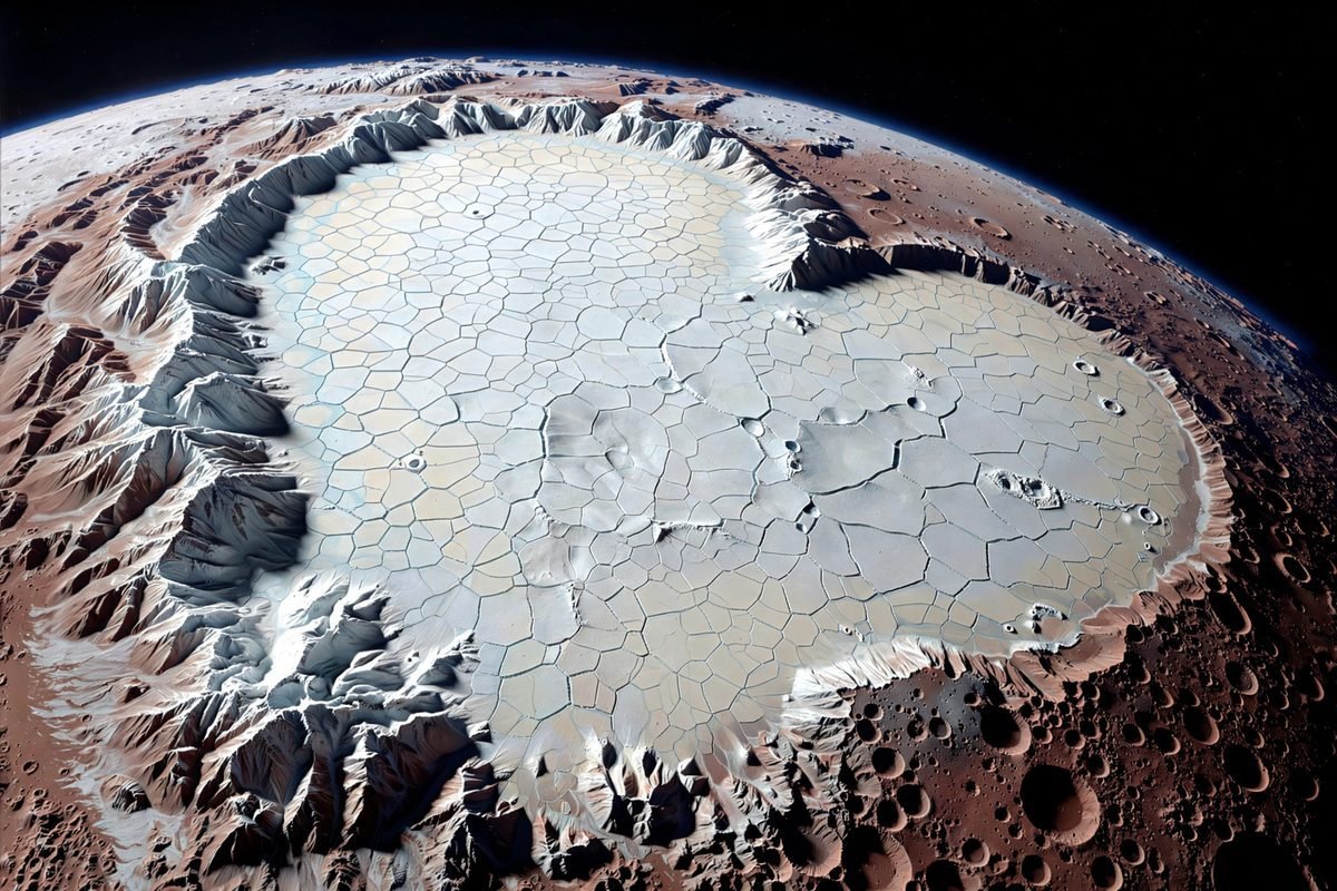 Pluto's heart-shaped glacier and rugged icy terrain seen by New Horizons.
