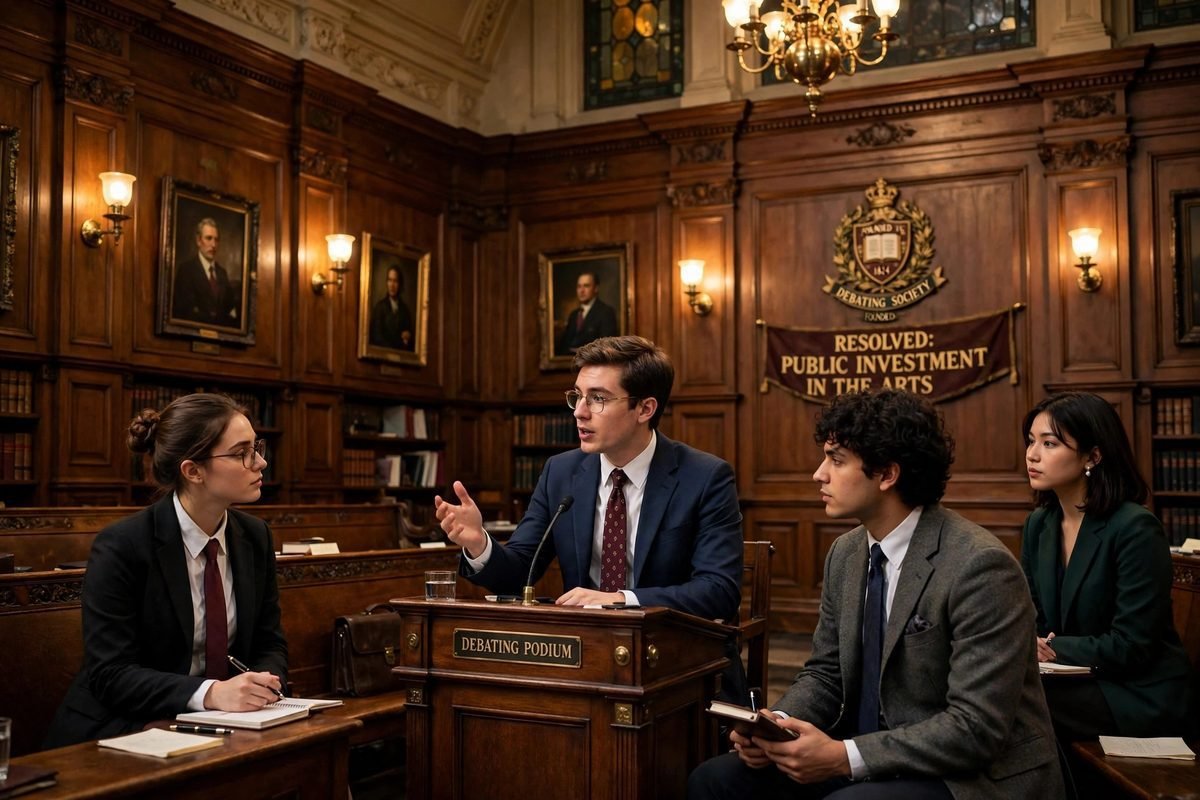 Students debating at a podium in a historic university debating hall