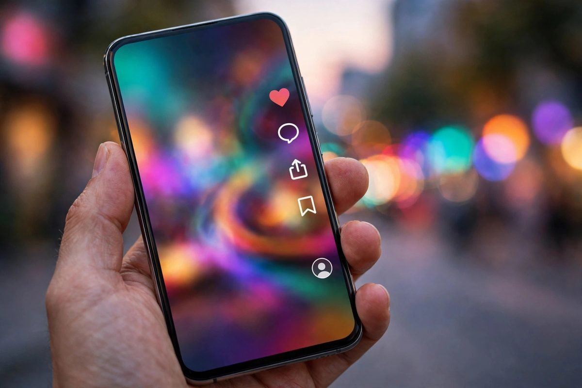A smartphone showing a short-video app with heart and comment icons