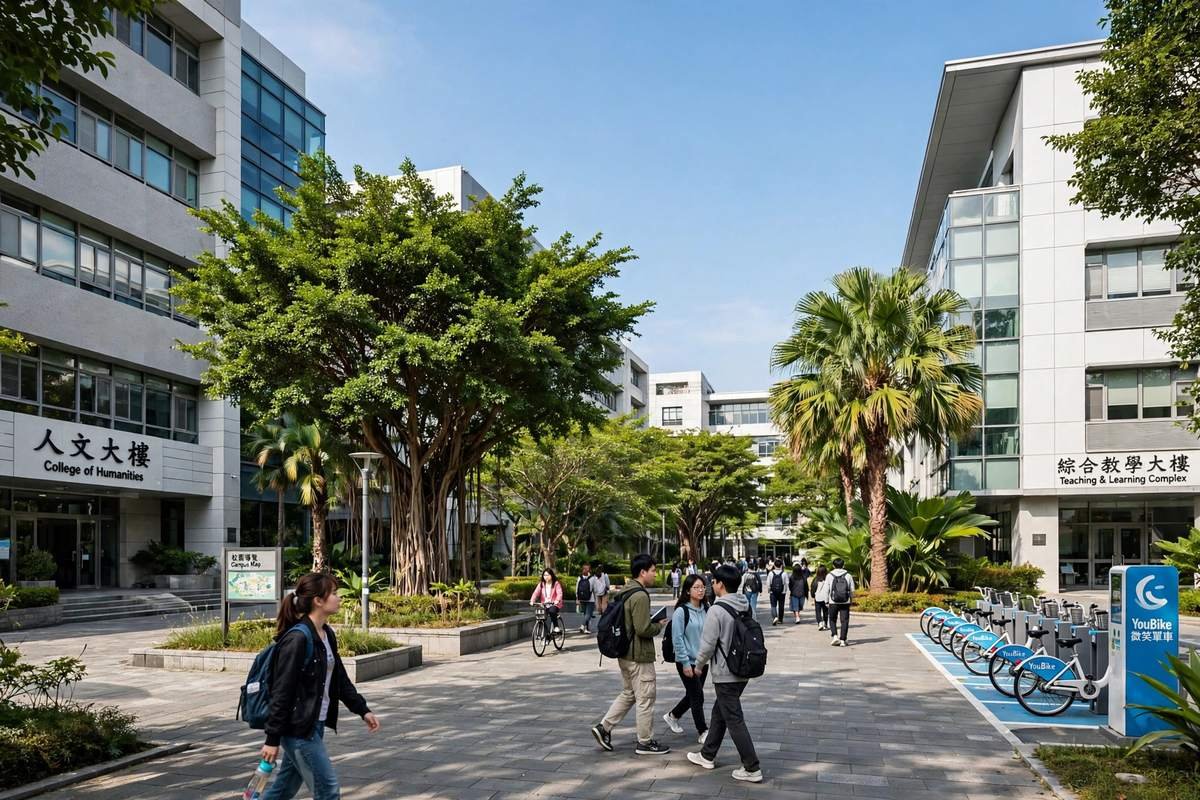 A modern university campus in Taiwan with students walking between academic buildings