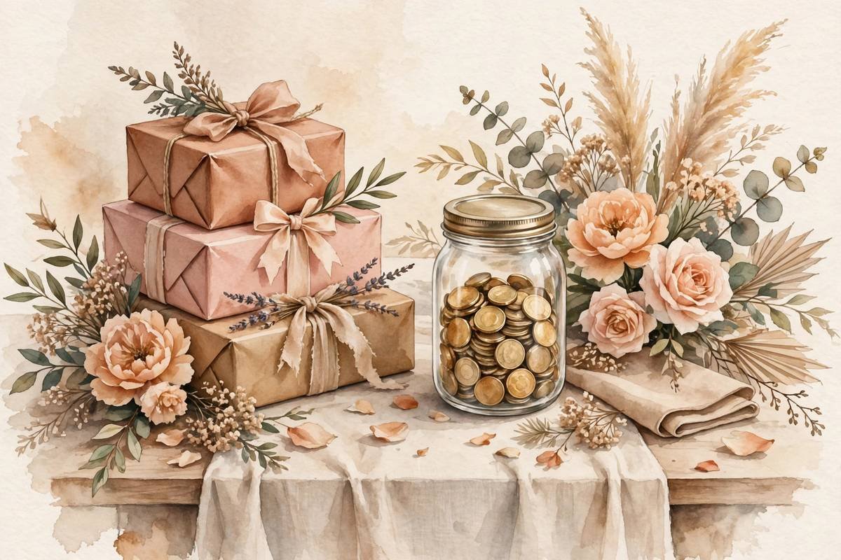 Illustration of a wedding gift table with wrapped boxes and a honeymoon fund jar showing how Zola combines gifts and cash funds.