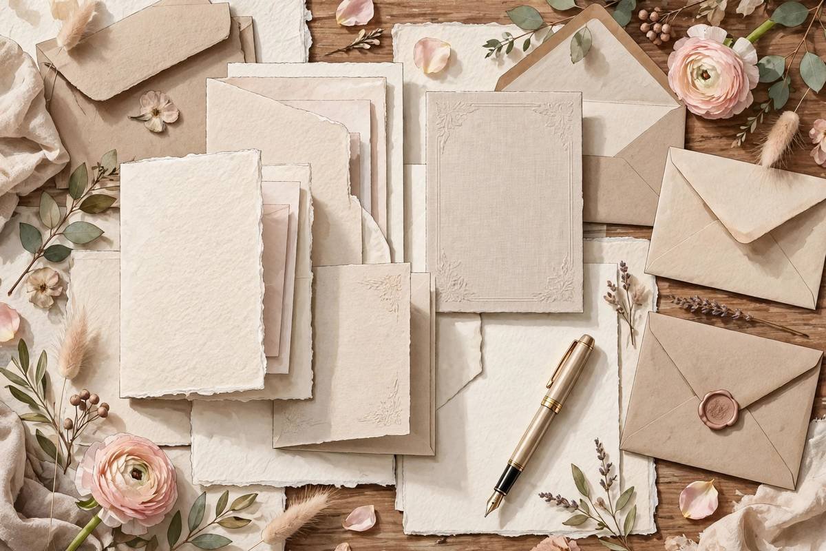 Illustration of elegant wedding invitation stationery, envelopes, and flowers spread on a desk.