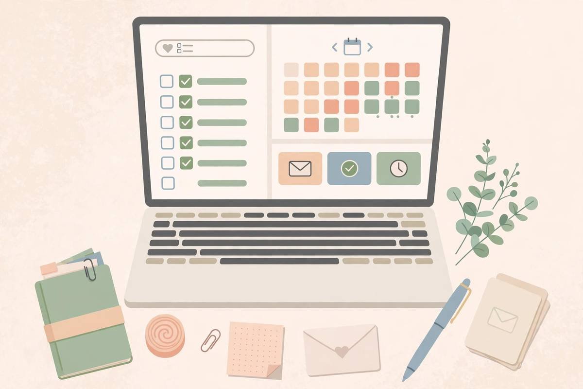 Flat-design illustration of a wedding planning dashboard on a laptop with a checklist, calendar, and RSVP cards.